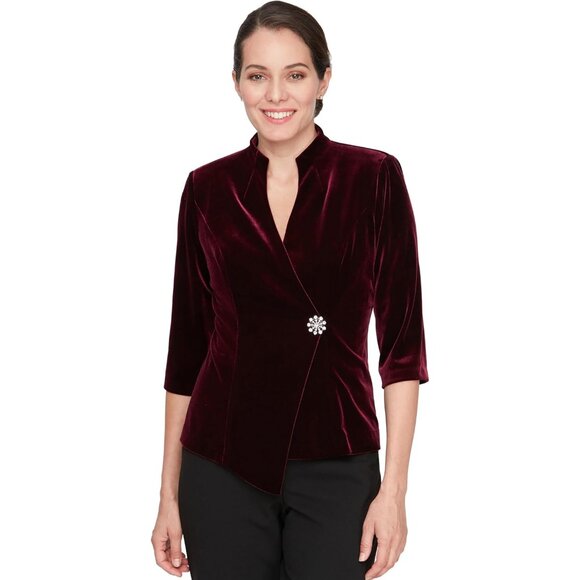 Womens Velvet Asymmetric Pointed Hem Blouse with Embellished Closure Formal Eve